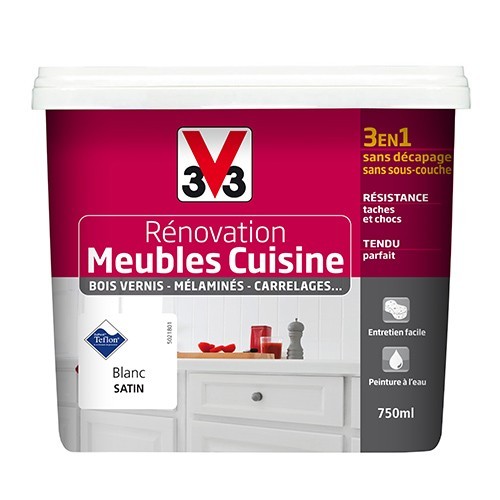 V33 Rénovation Meubles Cuisine (Bois vernis-Mélaminés-Stratifiés) Satin Blanc