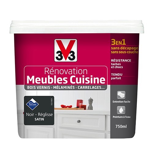 V33 Rénovation Meubles Cuisine (Bois vernis-Mélaminés-Stratifiés) Satin Noir réglisse