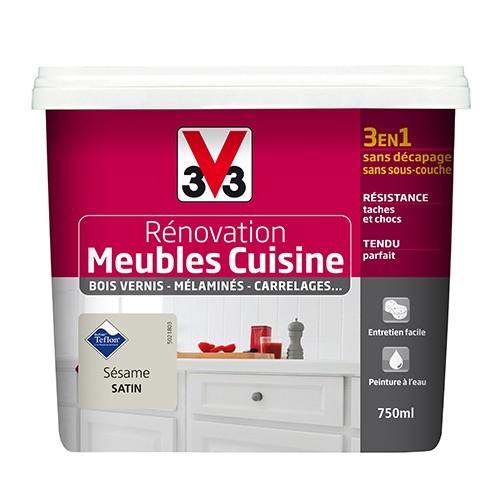 V33 Rénovation Meubles Cuisine (Bois vernis-Mélaminés-Stratifiés) Satin Sésame