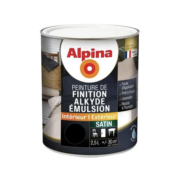 Peinture de finition pour boiseries intérieur-extérieur ALPINA Alkyde Emulsion Satin Noir - 2,5L