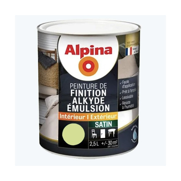 Peinture de finition pour boiseries intérieur-extérieur ALPINA Alkyde Emulsion Satin Vert printemps - 2,5L