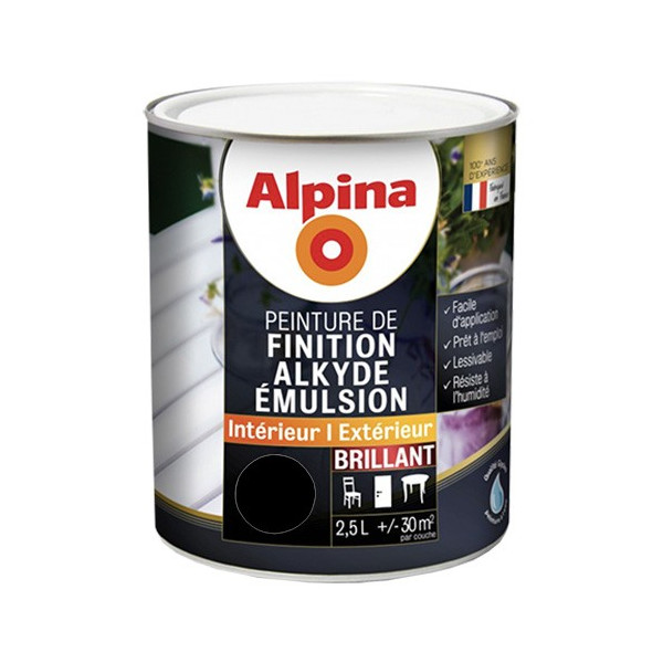 Peinture de finition pour boiseries intérieur-extérieur ALPINA Alkyde Emulsion Brillant Noir - 2,5L