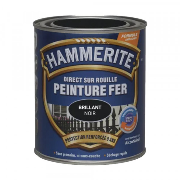 Peinture Fer Hammerite Direct sur Rouille Noir Brillant pot de 0,75L