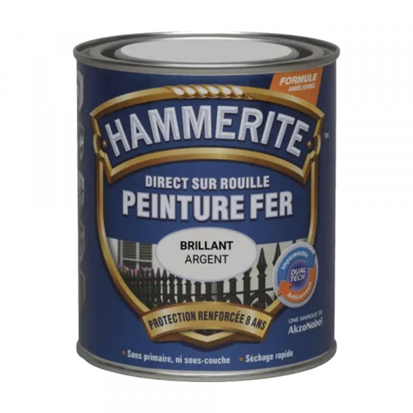 Peinture Fer Hammerite Direct sur Rouille Argent Brillant pot de 0,75L