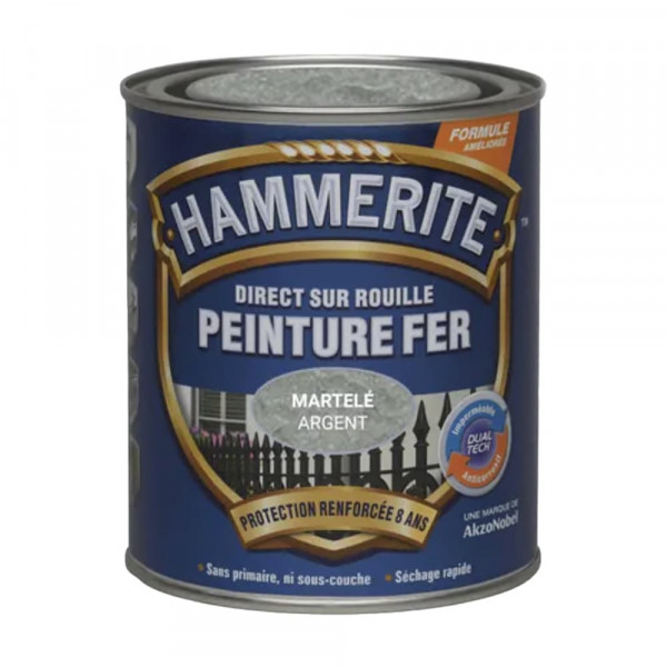 Peinture Fer Hammerite Direct sur Rouille Gris argent martelé 0,75L