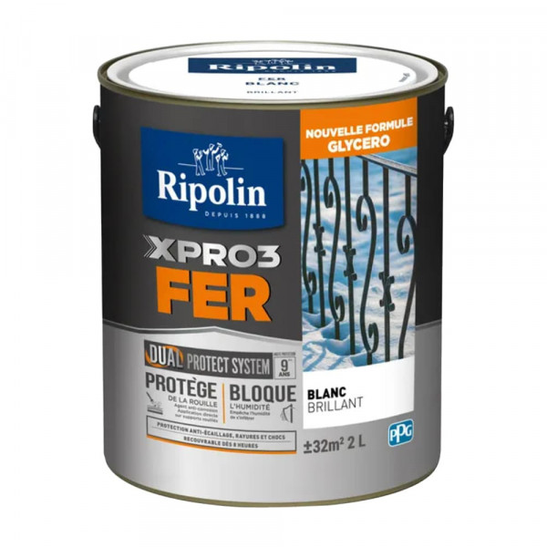 Peinture fer glycéro Ripolin XPRO3 Fer Brillant Blanc - 2L