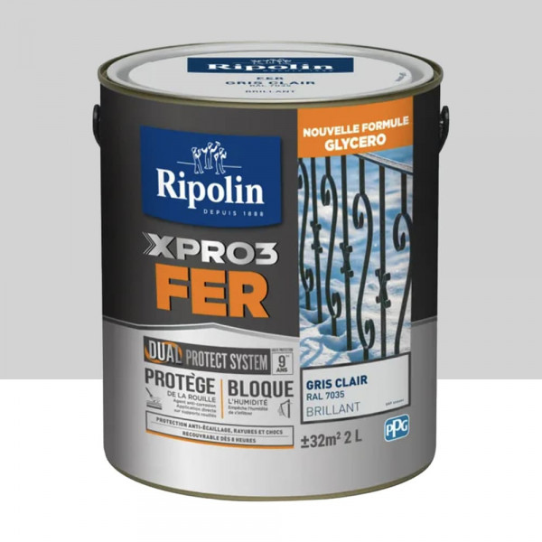 Peinture fer glycéro Ripolin XPRO3 Fer Brillant Gris Clair - 2L
