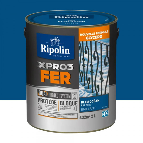 Peinture fer glycéro Ripolin XPRO3 Fer Brillant Bleu océan - 2L