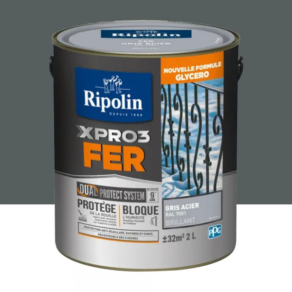 Peinture fer glycéro Ripolin XPRO3 Fer Brillant Gris Acier - 2L