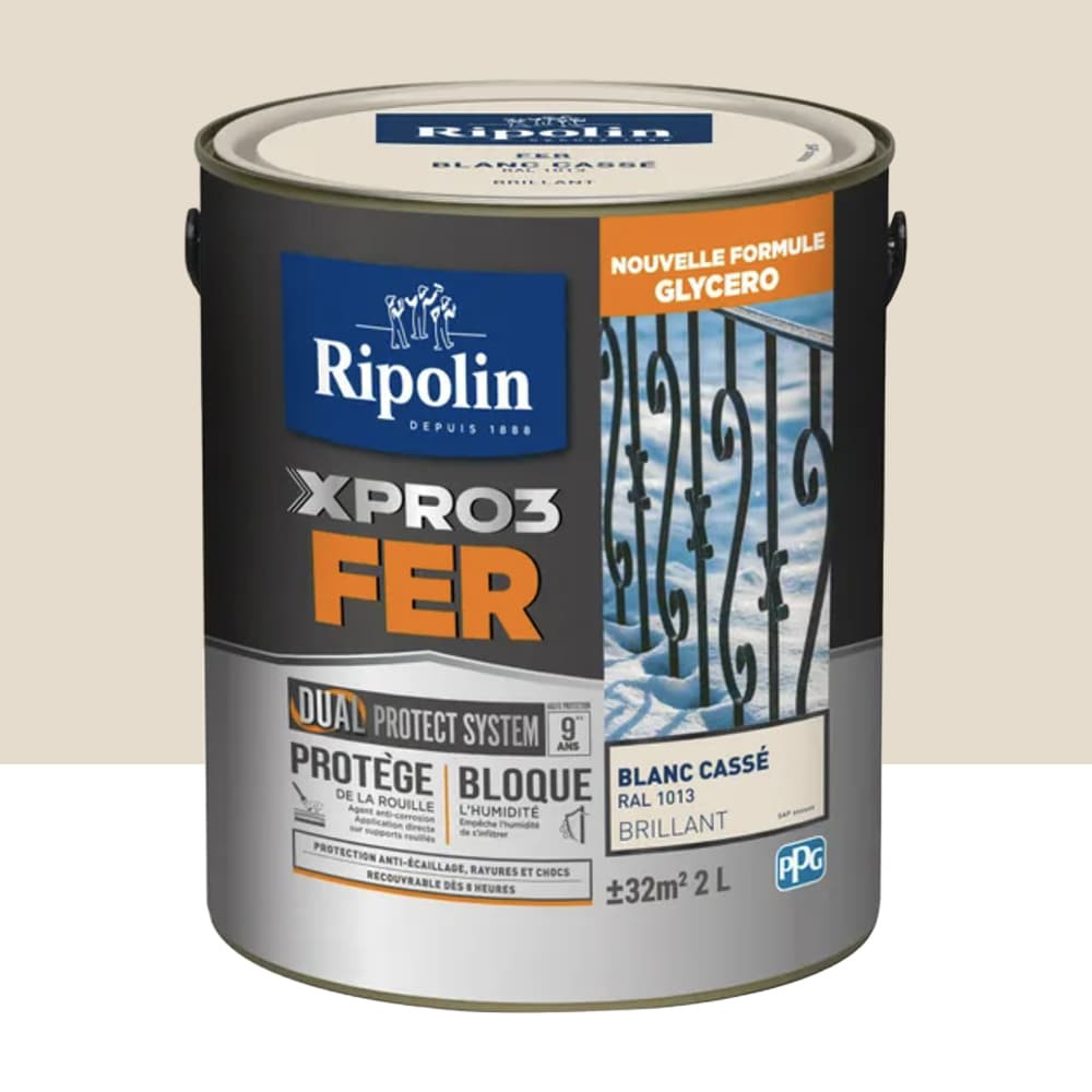 Peinture fer glycéro Ripolin XPRO3 Fer Brillant Blanc cassé 2L Peinture fer glycéro Ripolin XPRO3 Fer Brillant Blanc cassé 2L