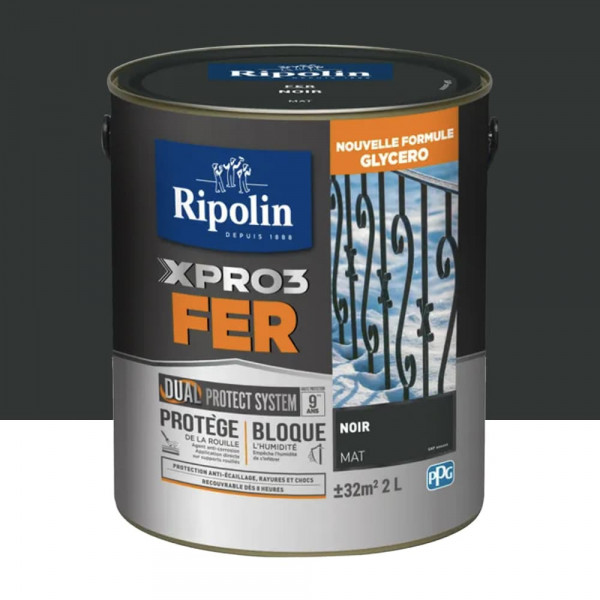 Peinture fer glycéro Ripolin XPRO3 Fer Mat Noir 2L