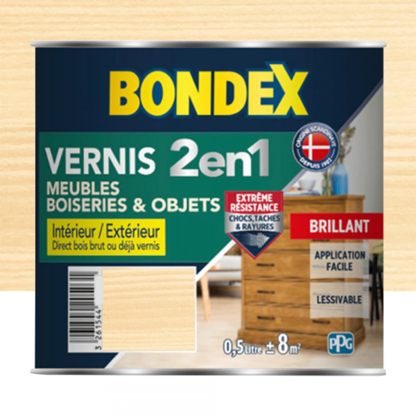 Vernis intérieur BONDEX 2 en 1 Incolore brillant - 0,5L