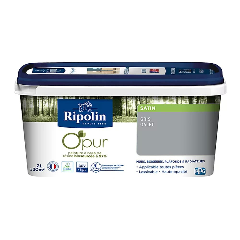Peinture Murs, Boiseries, Radiateurs RIPOLIN OPur Satin Gris galet - 2L