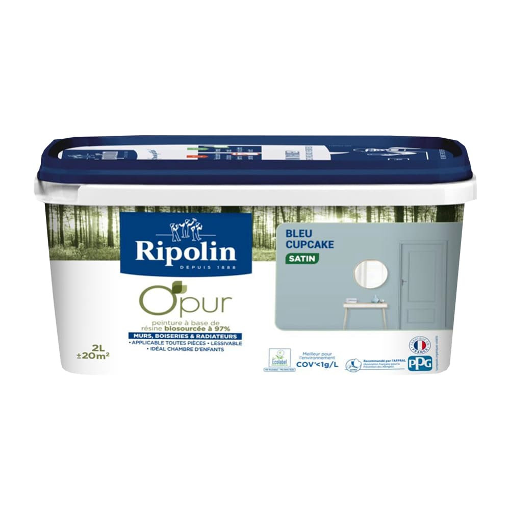 Peinture Murs, Boiseries, Radiateurs RIPOLIN OPur Satin Bleu cupcake - 2L