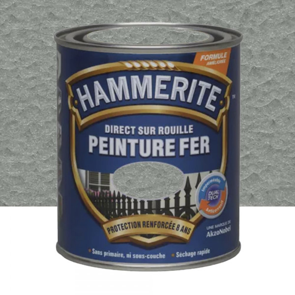 Peinture Fer Hammerite Direct sur Rouille Gris argent martelé - 0,75L