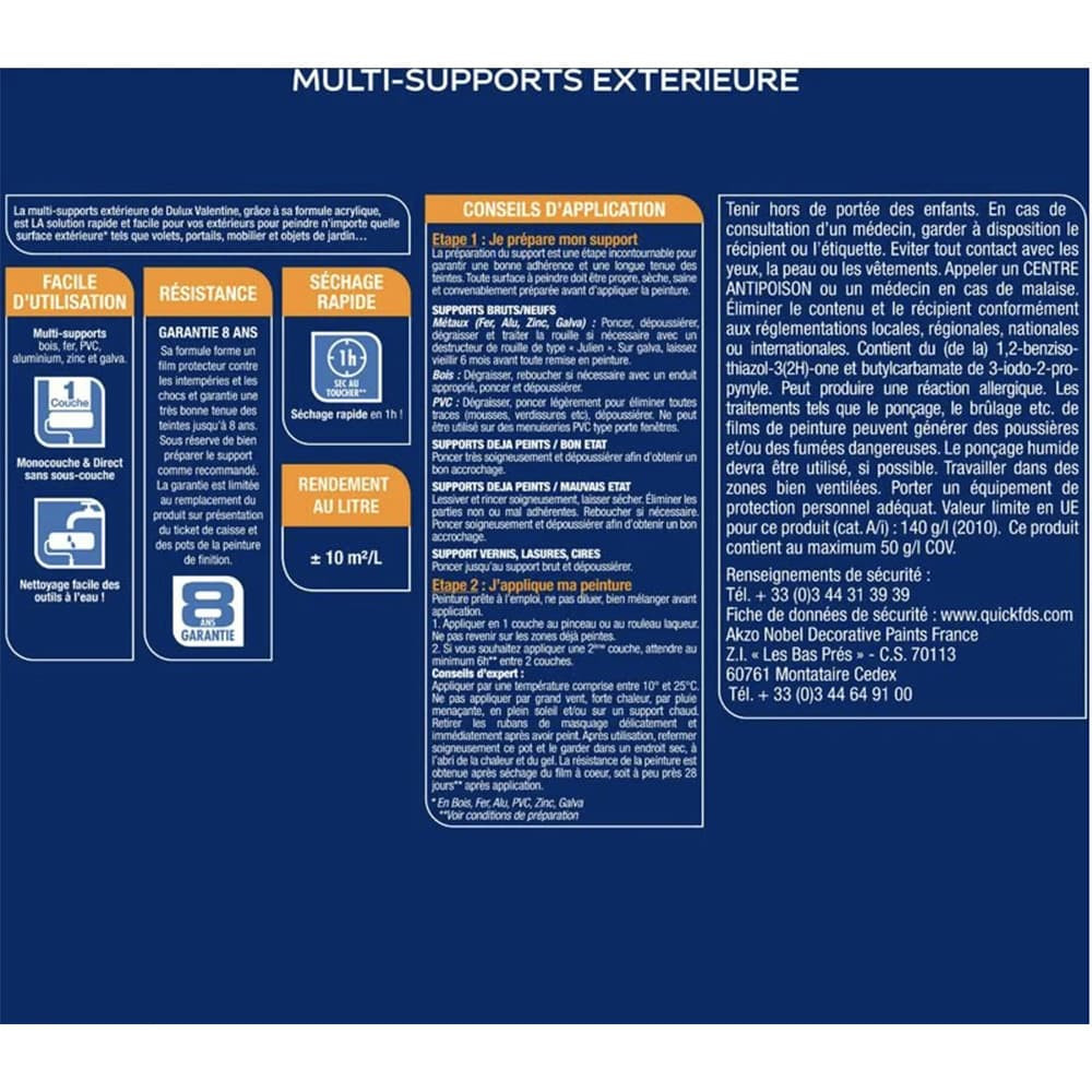 Peinture Dulux Valentine multi-supports extérieure Blanc Cassé - étiquette Peinture Dulux Valentine multi-supports extérieure Blanc Cassé - étiquette