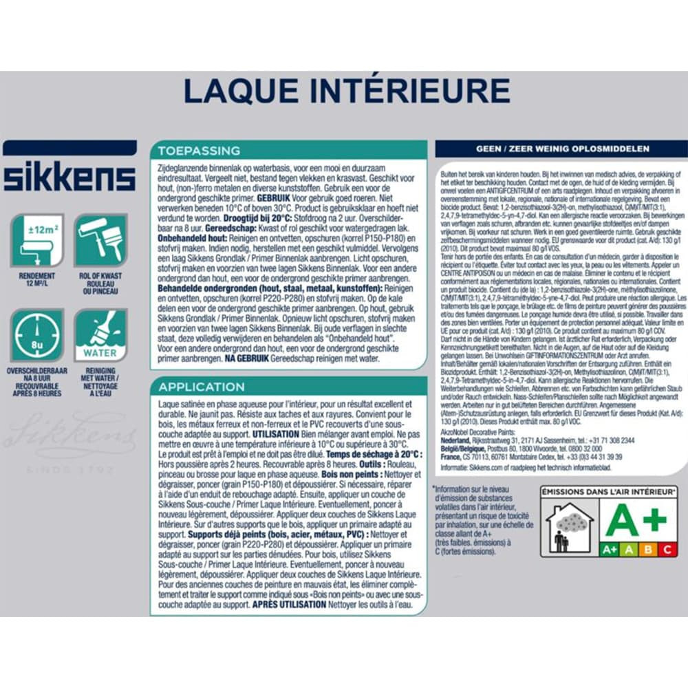 Laque intérieure SIKKENS Blanc chaux - étiquette