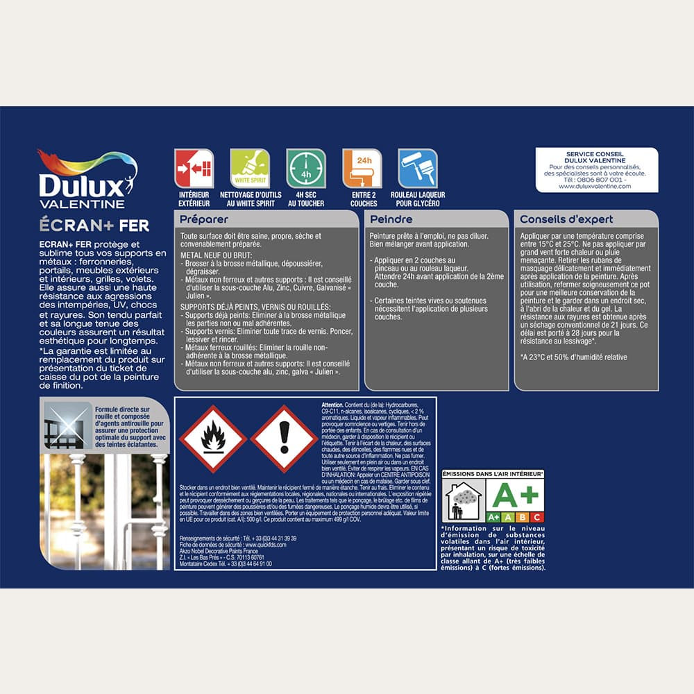 Peinture DULUX VALENTINE Ecran+ Fer Blanc pur - étiquette