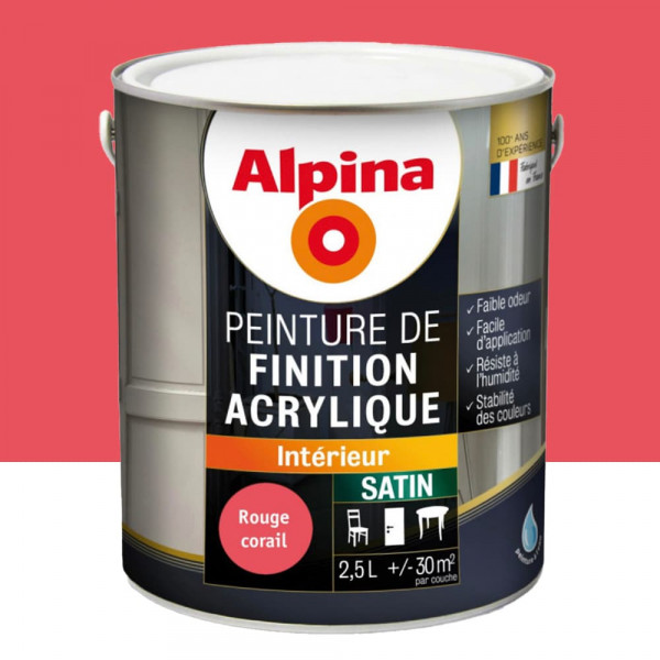 Peinture de finition boiseries intérieures acrylique Alpina Satin Rouge Corail - 2,5L