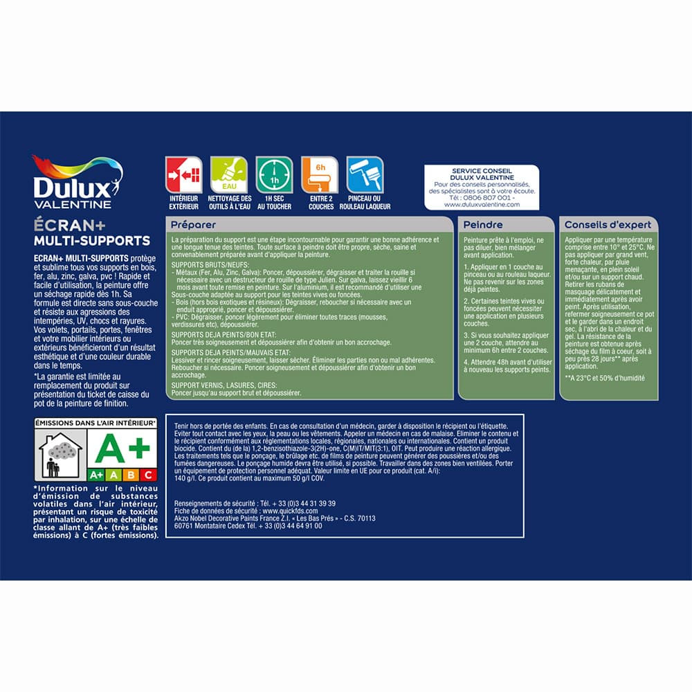 Peinture DULUX VALENTINE Ecran+ Multi-supports Bleu turquoise - étiquette Peinture DULUX VALENTINE Ecran+ Multi-supports Bleu turquoise - étiquette