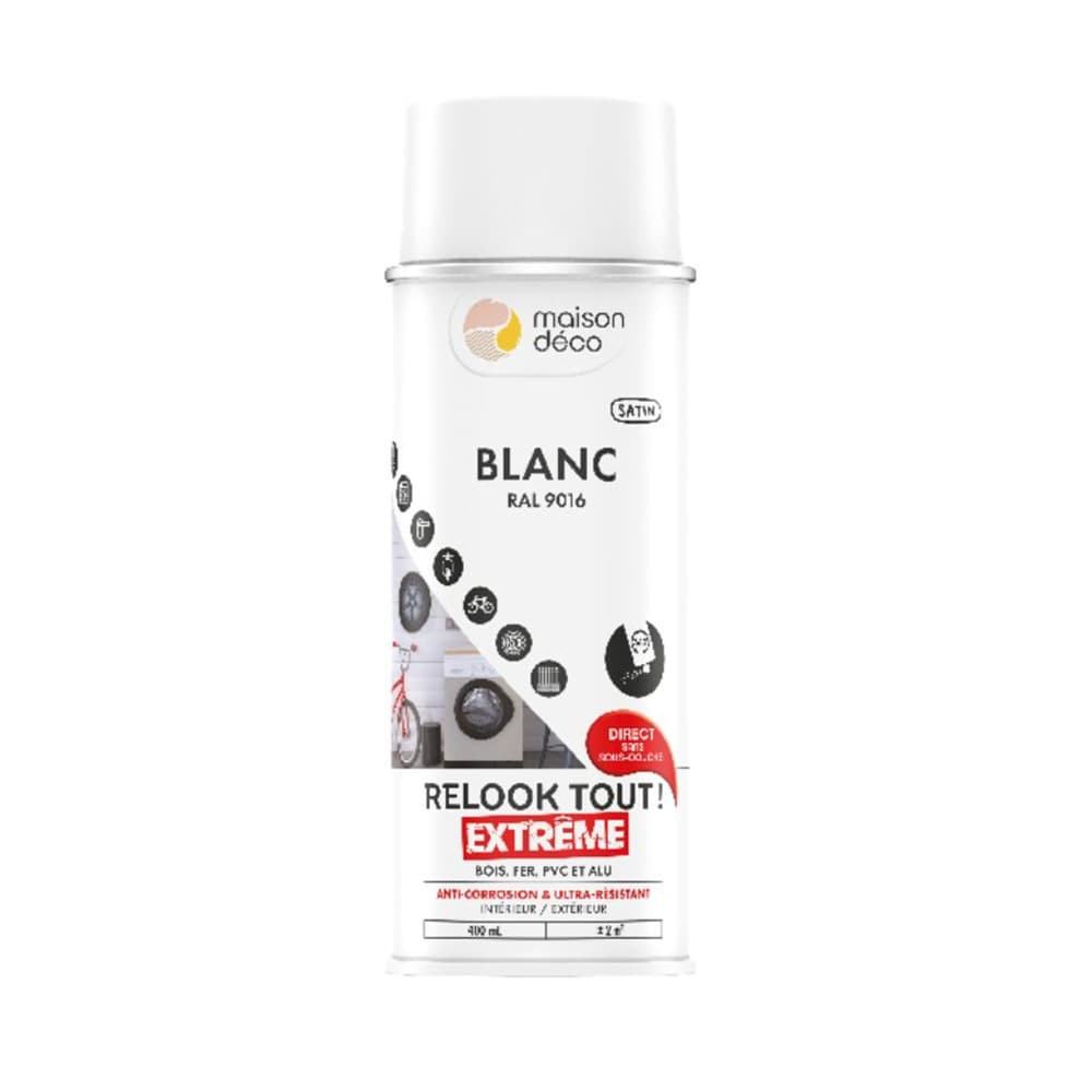 Bombe de peinture MAISON DECO Relook Tout Extrême Blanc satin - 400ml Bombe de peinture MAISON DECO Relook Tout Extrême Blanc satin - 400ml