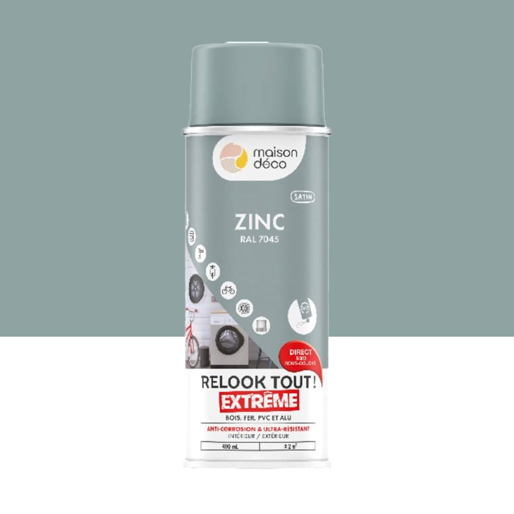 Bombe de peinture MAISON DECO Relook Tout Extrême Zinc satin - 400ml Bombe de peinture MAISON DECO Relook Tout Extrême Zinc satin - 400ml