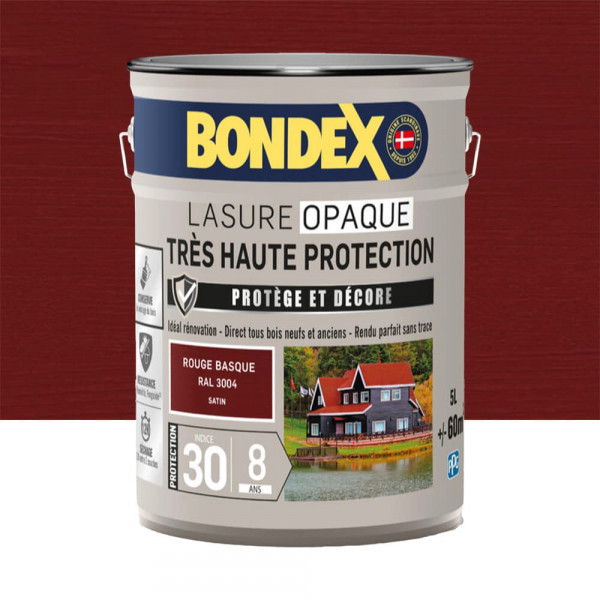 Lasure opaque BONDEX Très Haute Protection 8 ans Rouge Basque (ral 3004) - 5L