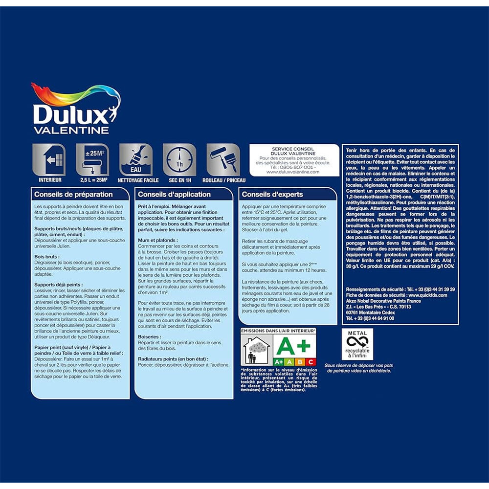 Peinture Dulux Valentine Le Blanc Finition parfaite Satin - étiquette Peinture Dulux Valentine Le Blanc Finition parfaite Satin - étiquette