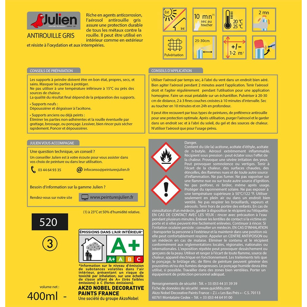 Aérosol JULIEN Antirouille Gris Mat - étiquette