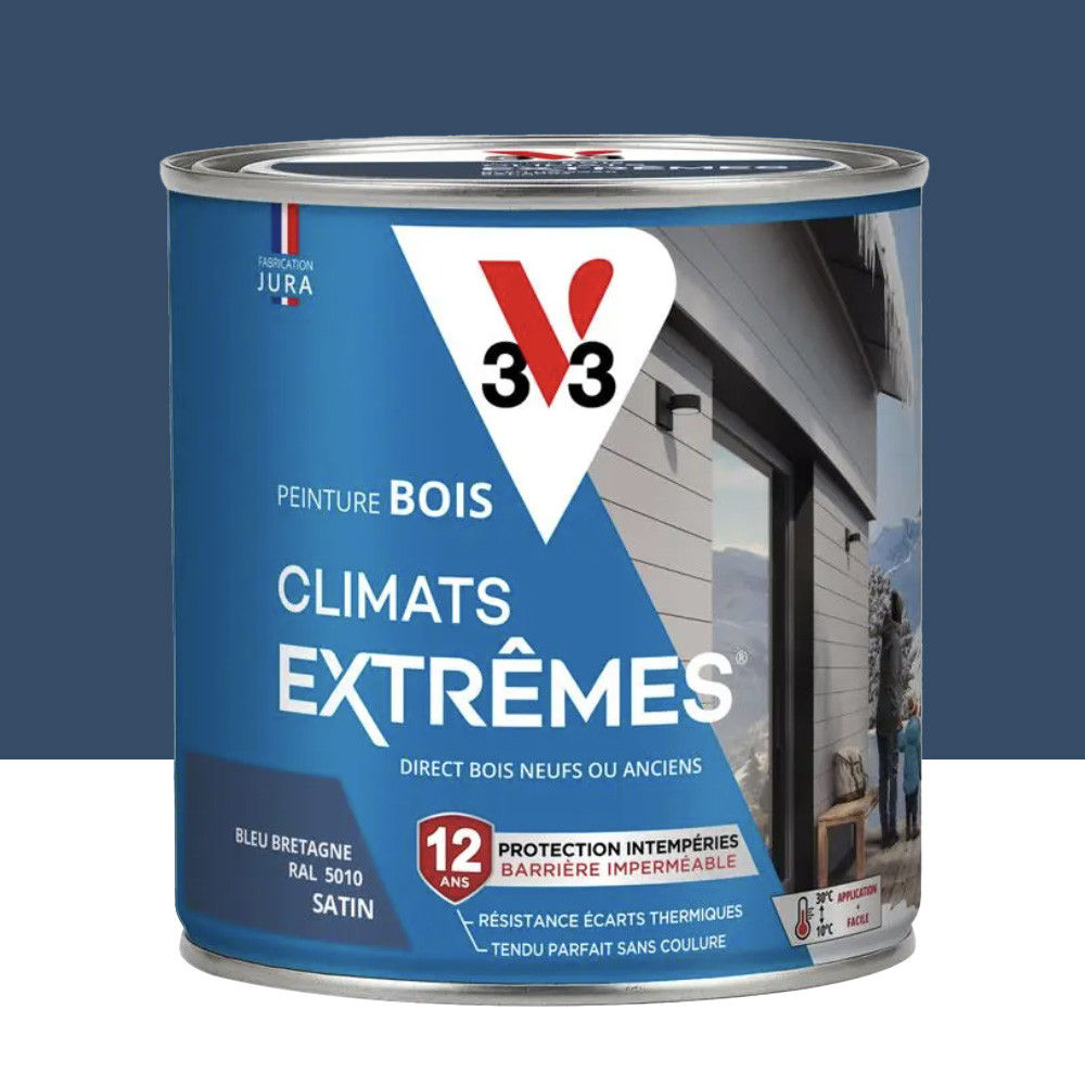 Peinture bois V33 Climats Extrêmes Satin Bleu de Bretagne - 0,5L