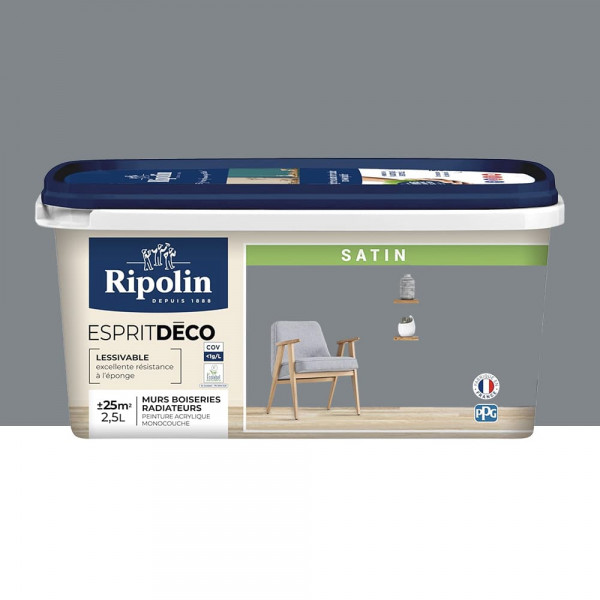 Peinture acrylique RIPOLIN Esprit Déco Satin Gris zinc - 2,5L