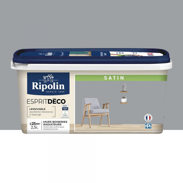 Peinture acrylique RIPOLIN Esprit Déco Satin Gris galet - 2,5L