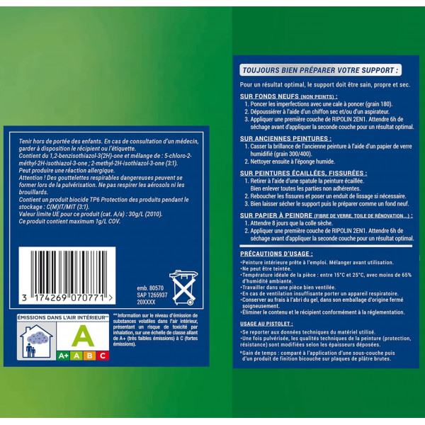 Peinture acrylique Murs & Plafonds RIPOLIN 2 en 1 Blanc Satin - étiquette