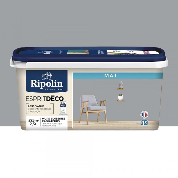 Peinture acrylique RIPOLIN Esprit Déco Mat Gris galet - 2,5L