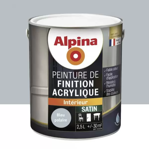 Peinture de finition boiseries intérieures acrylique Alpina Satin Bleu polaire - 2,5L