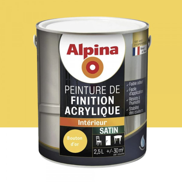 Peinture de finition boiseries intérieures acrylique Alpina Satin Bouton d'or - 2,5L