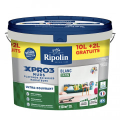 Peinture Murs, Plafonds, Boiseries & Radiateurs RIPOLIN XPro3 Blanc Satin - 12L
