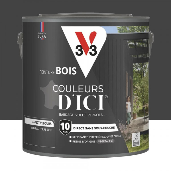 Peinture Acrylique pour Bois Extérieurs 10 ans V33 Couleurs d'ICI Velours Anthracite - 2L