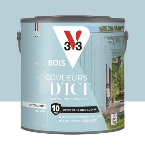Peinture Acrylique pour Bois Extérieurs 10 ans V33 Couleurs d'ICI Velours Bleu grisé - 2L