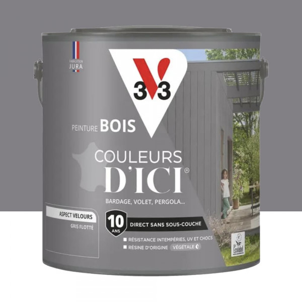 Peinture Acrylique pour Bois Extérieurs 10 ans V33 Couleurs d'ICI Velours Gris flotté - 2L