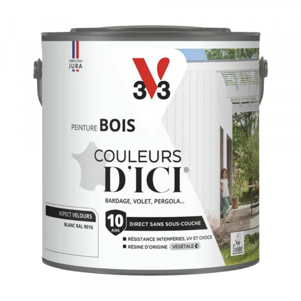 Peinture Acrylique pour Bois Extérieurs 10 ans V33 Couleurs d'ICI Velours Blanc - 2L