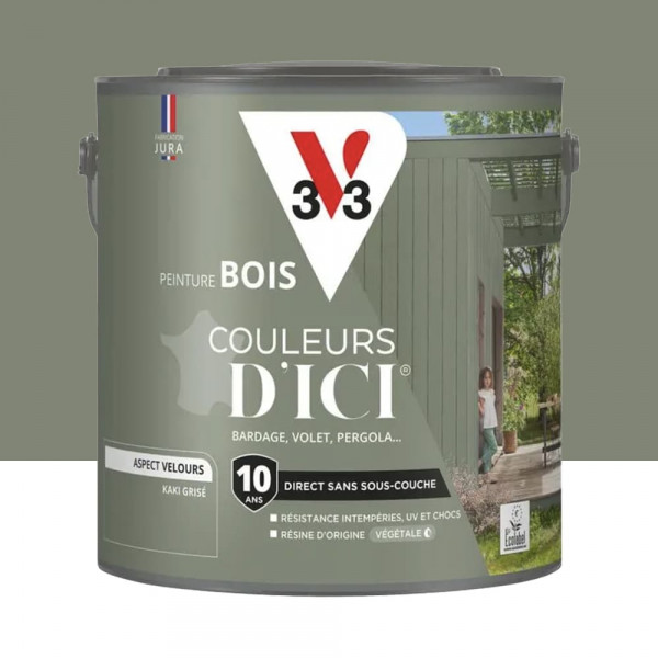 Peinture Acrylique pour Bois Extérieurs 10 ans V33 Couleurs d'ICI Velours Kaki grisé - 2L