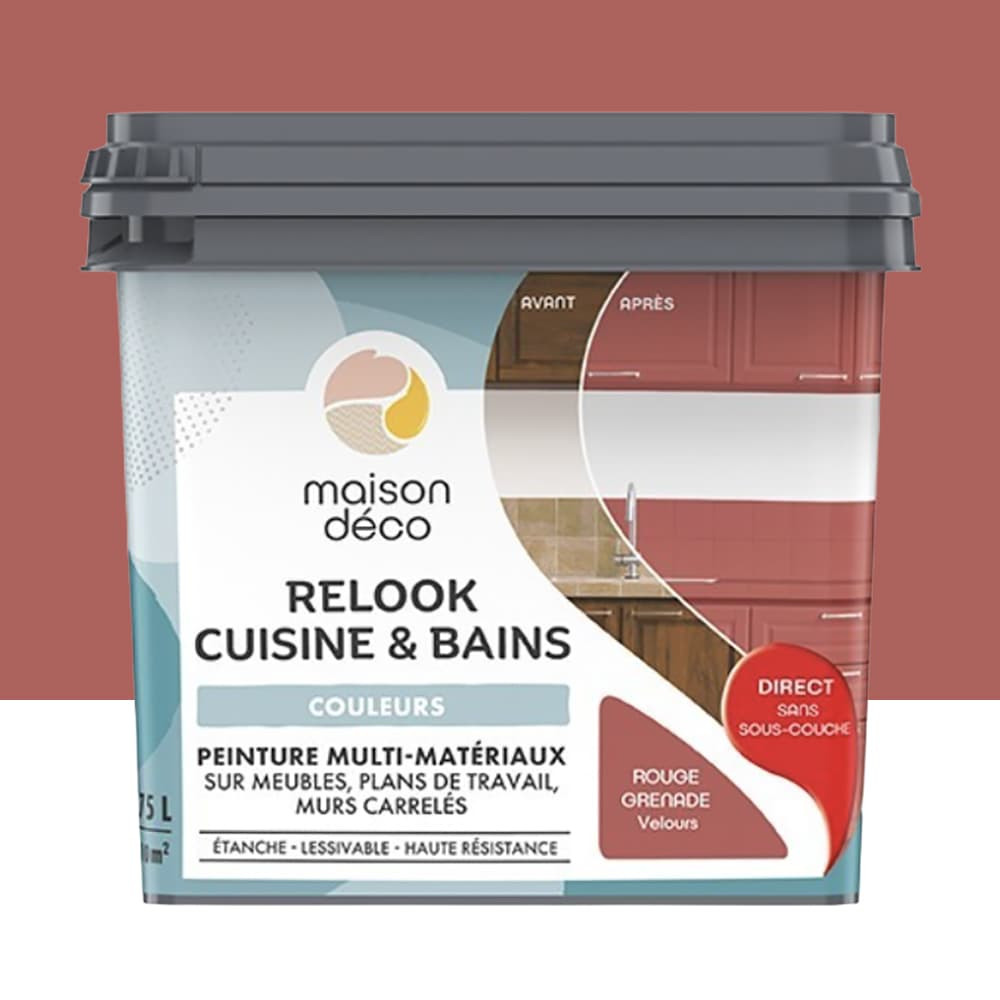 Peinture multi-matériaux sur meubles, plans de travail, murs carrelés MAISON DÉCO Relook Cuisine & Bains Rouge grenade - 0,75L
