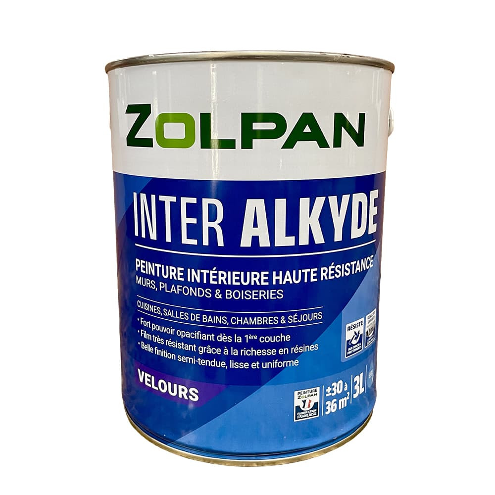 Peinture intérieure haute résistance pour murs, plafonds et boiseries ZOLPAN Inter Alkyde Velours 3L