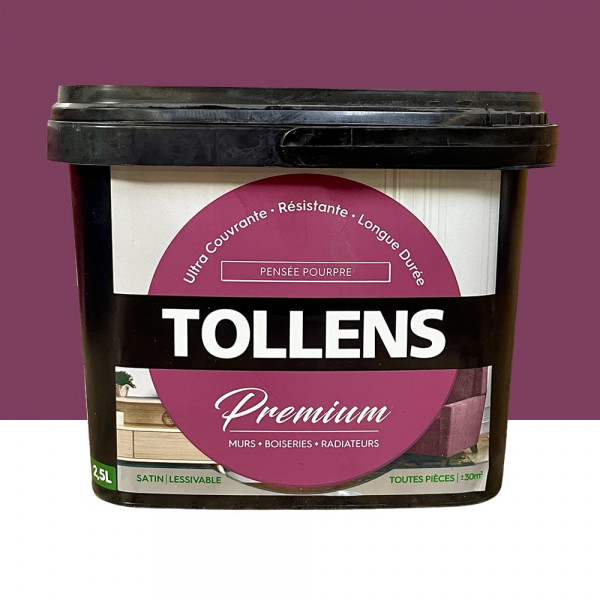 Peinture murs, boiseries et radiateurs TOLLENS Premium Pensée pourpre satin - 2,5L