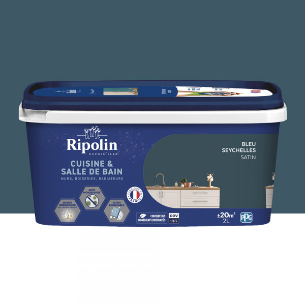 Peinture intérieure acrylique RIPOLIN Cuisine & Salle de bain Bleu Seychelles - 2L