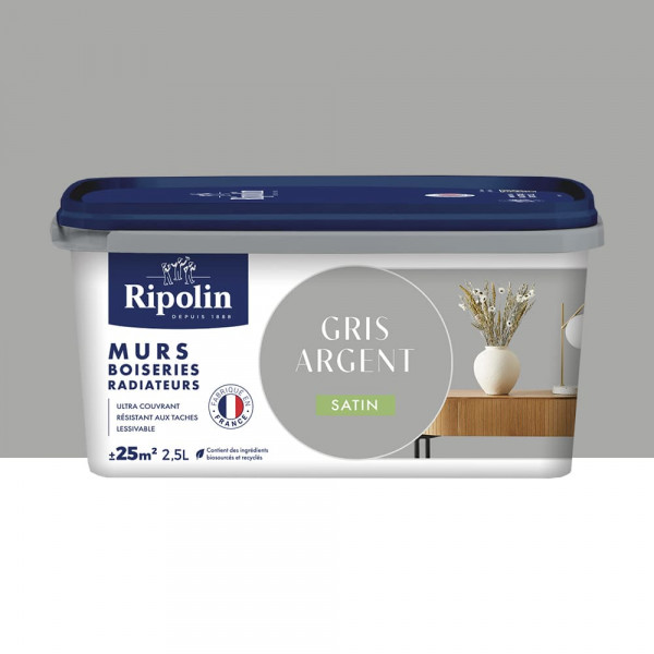 Peinture Murs, Boiseries, Radiateurs RIPOLIN Satin Gris argent - 2,5L