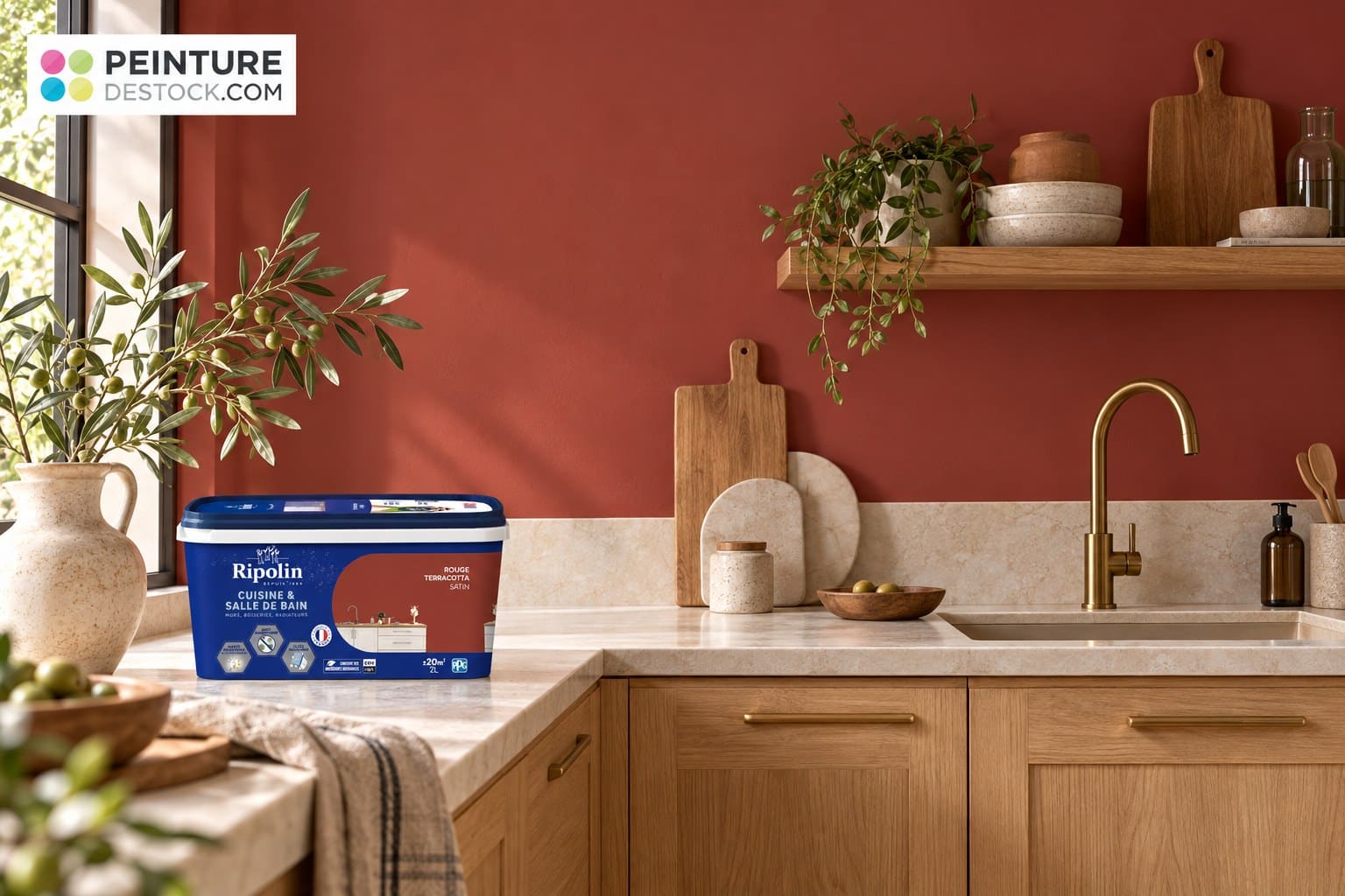 Idée de cuisine avec un mur Rouge terracotta et le pot Ripolin Cuisine et Salle de Bain 2 L