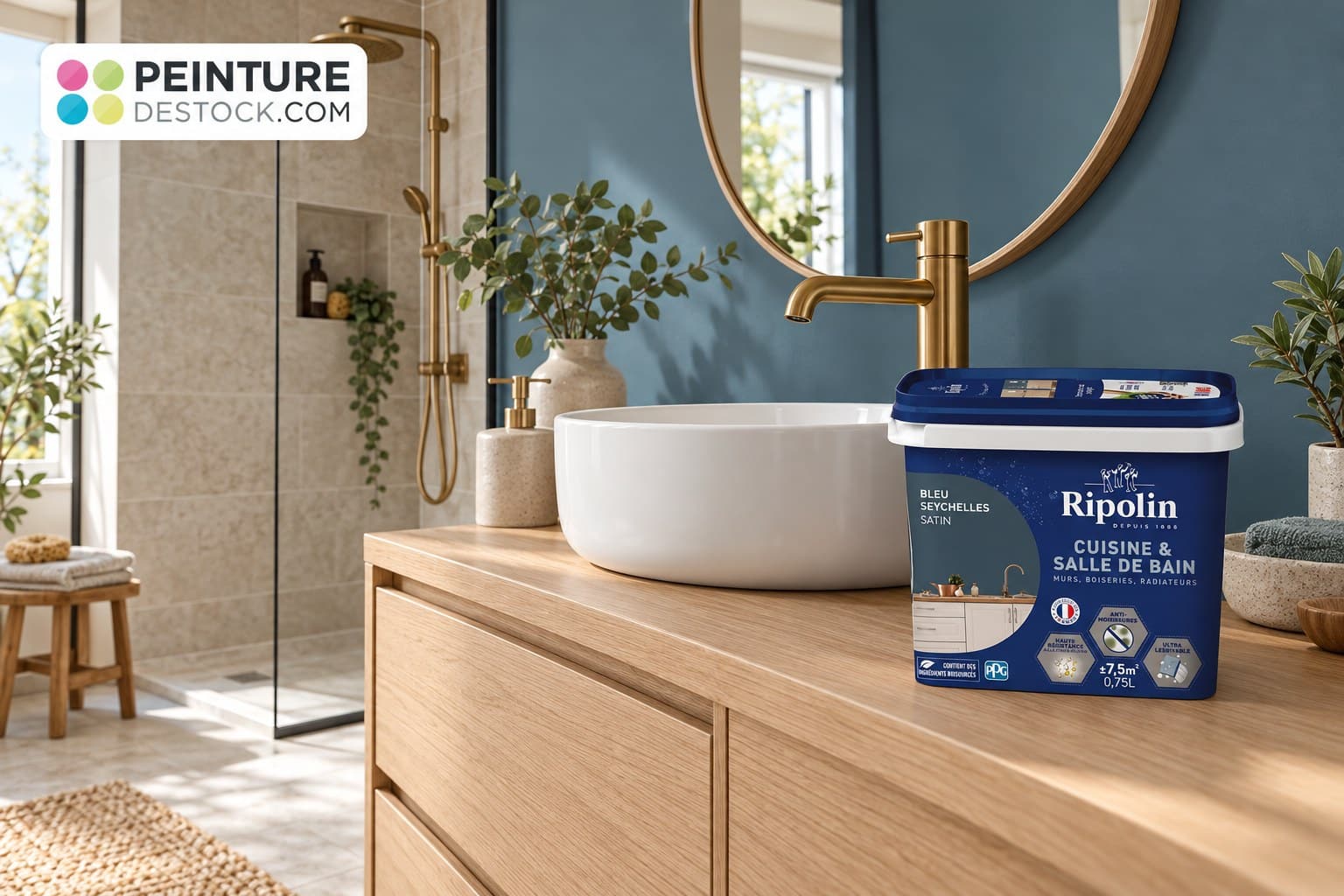 Inspiration de salle de bain Bleu Seychelles avec le pot Ripolin Cuisine et Salle de Bain 0,75 L